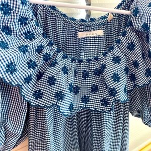 Doen blue gingham maxi dress with puff sleeves and ruffle detail.